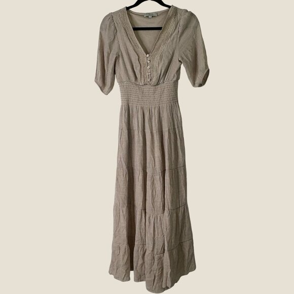 J Gee Prairie Tiered Boho Neutral Maxi Dress Puffed Sleeves Stretch Petite S - Picture 1 of 12